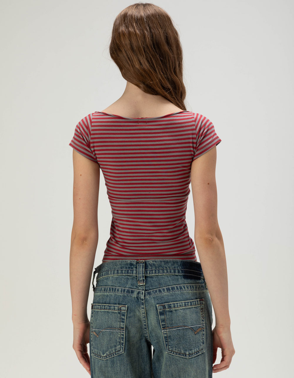 BDG Urban Outfitters Womens Stripe Boat Neck Tee - RED COMBO