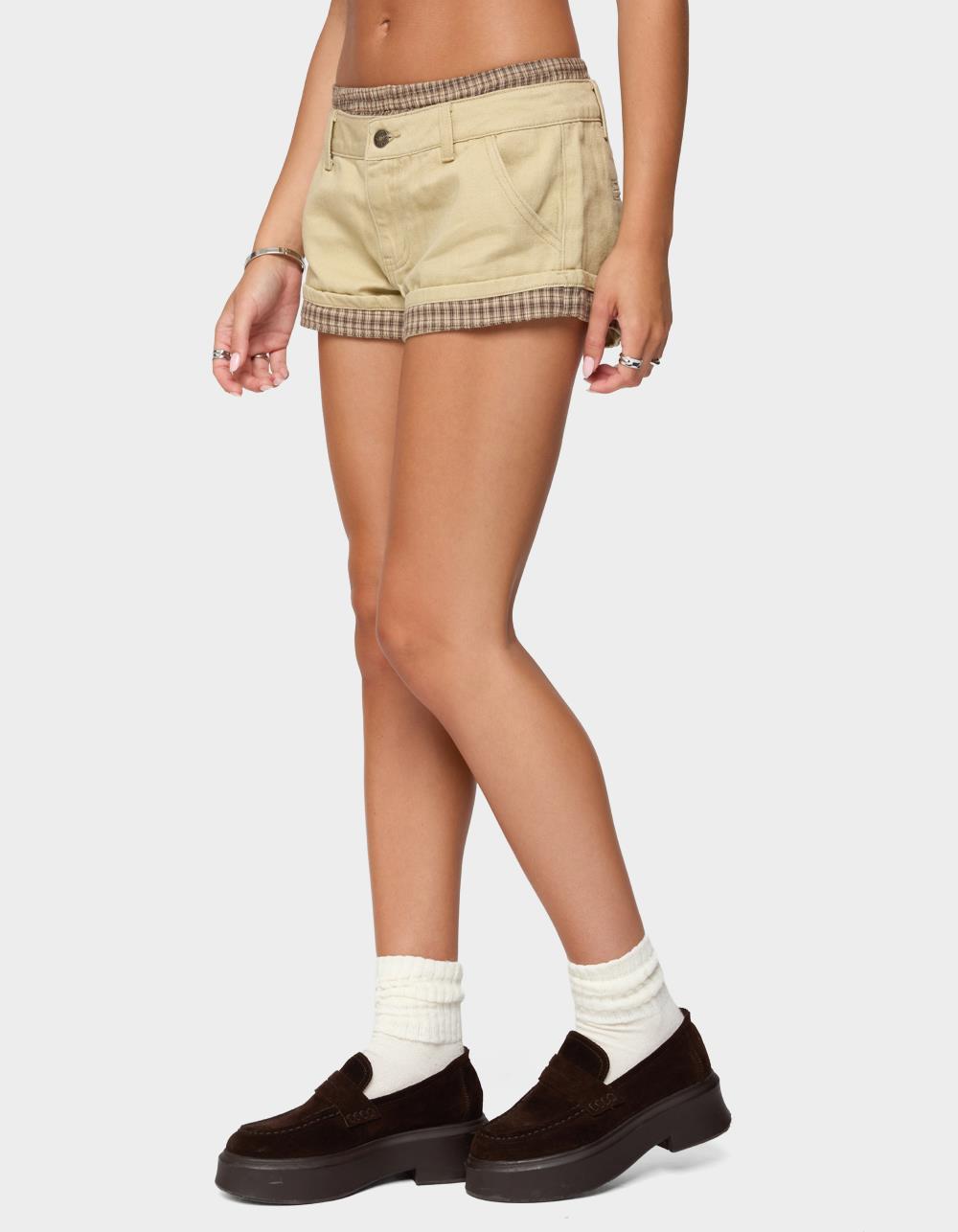 EDIKTED Peekaboo Plaid Boxer Shorts - BEIGE