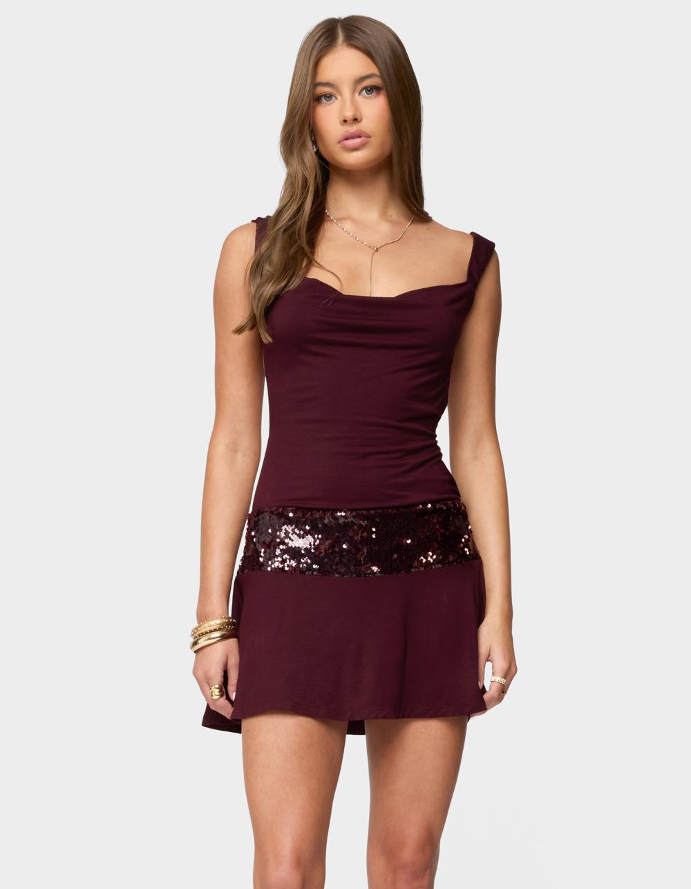 EDIKTED Sequin Backless Cowl Neck Mini Dress - DK RED
