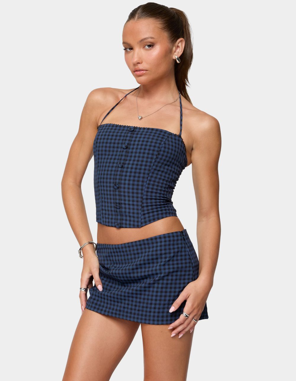 EDIKTED Winsley Gingham Halter Corset - BLUE