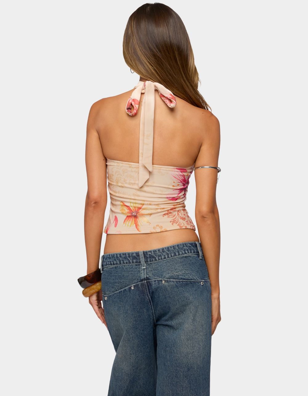 EDIKTED Nadina Floral Rhinestone Halter Top - BEIGE