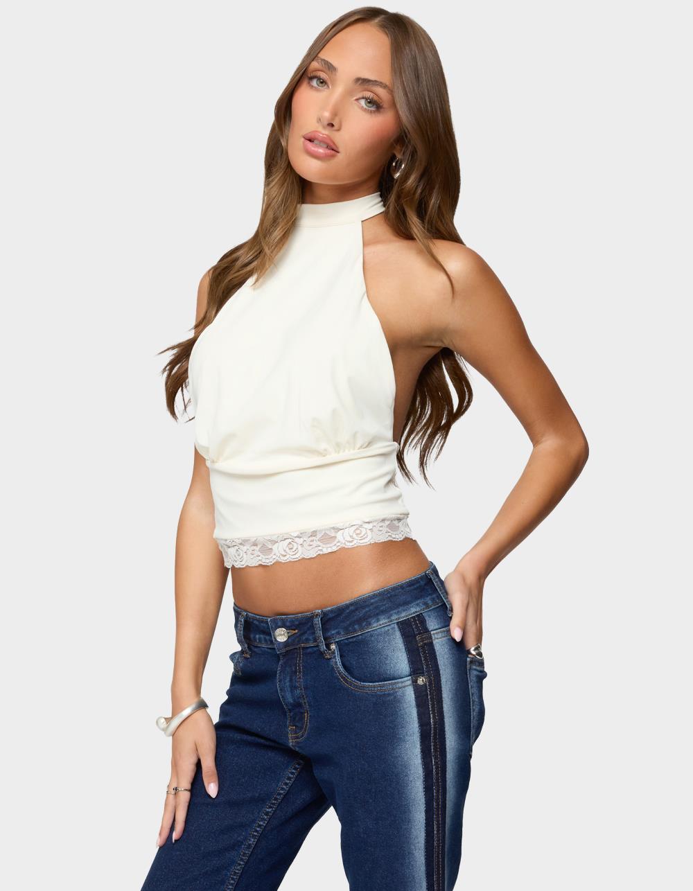 EDIKTED Sandra Lacey High Neck Halter Top - BEIGE