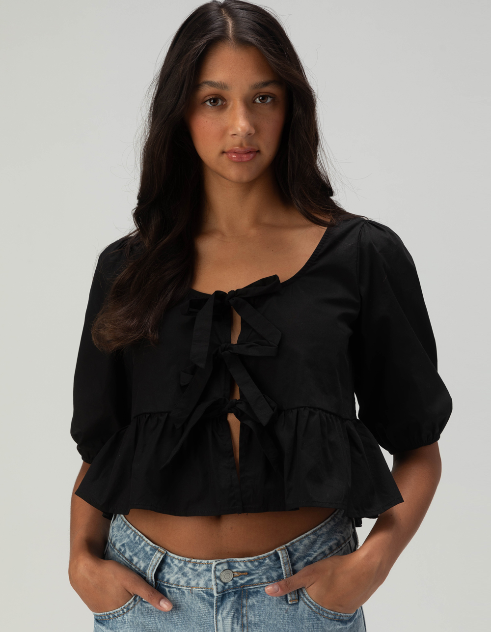 RSQ Womens Triple Tie Scoop Neck Babydoll Top - BLACK