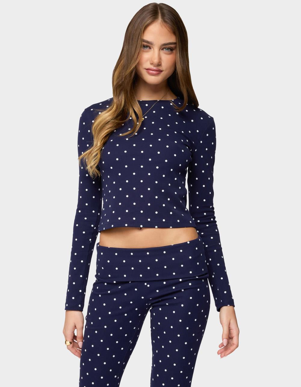 EDIKTED Daliya Polka Dot Long Sleeve Top - NAVY