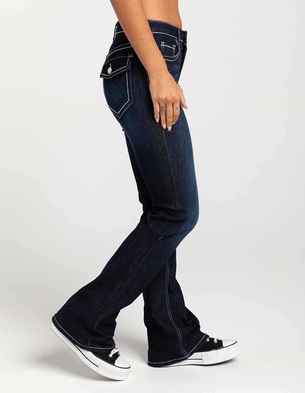 RSQ Womens Low Rise Stitch Flap Pocket Flare Jeans - Dark Wash