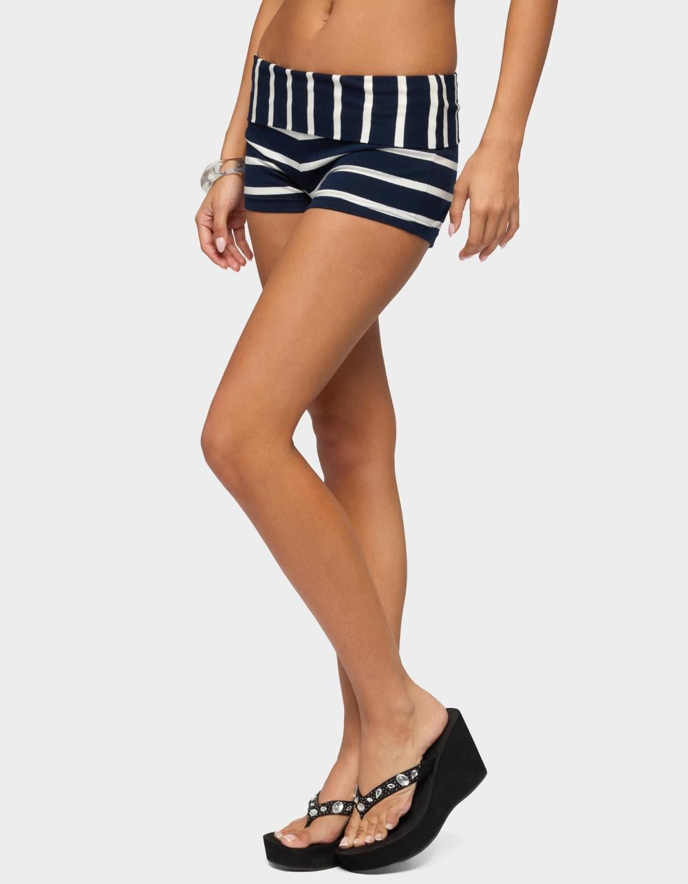 EDIKTED Lorenza Striped Fold Over Shorts - NAVY