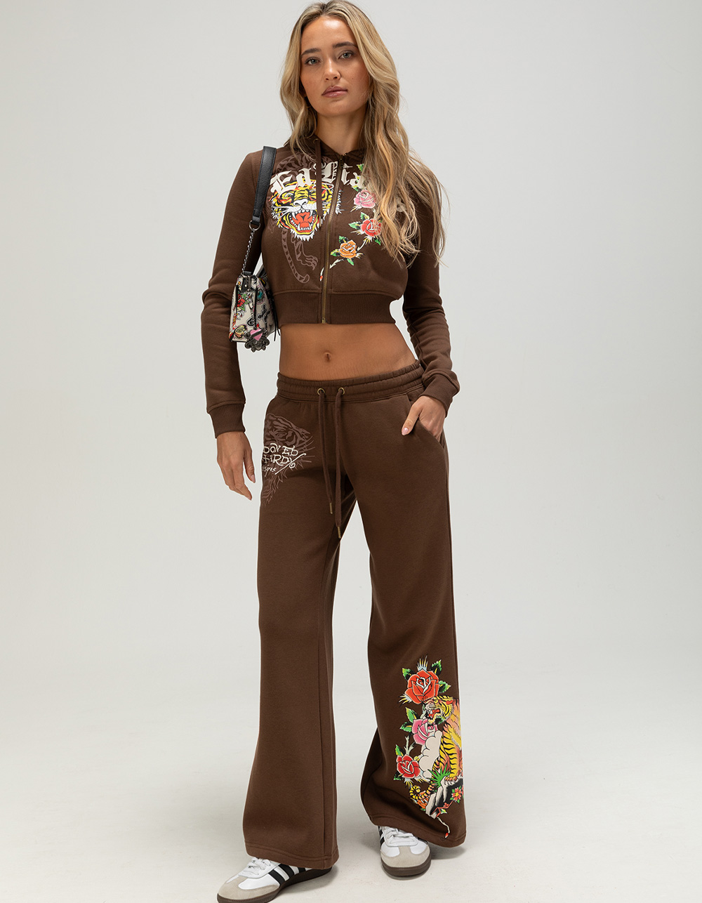 ED HARDY Tiger Rose Womens Crop Zip-Up Hoodie - BROWN