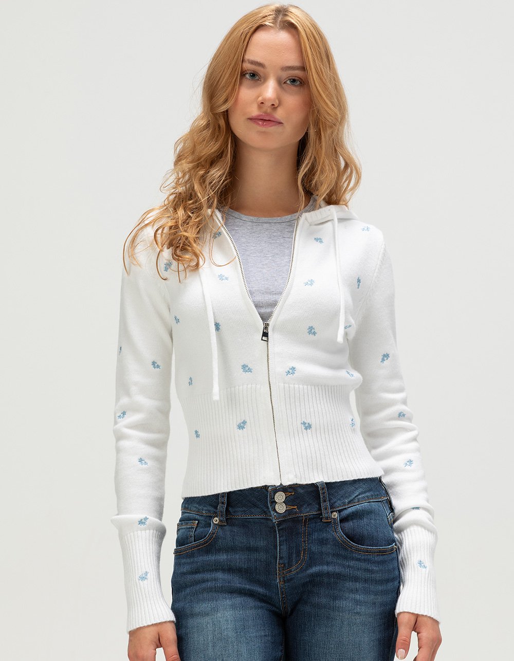 RSQ Womens Embroidered Zip-Up Sweater - Cream Combo