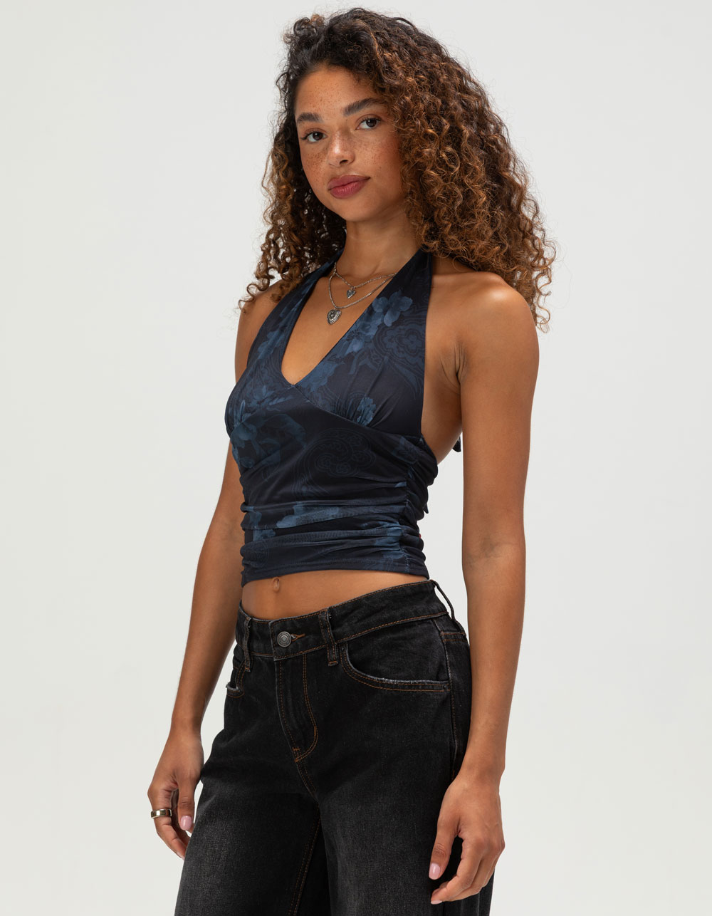 FULL TILT Floral Mesh Womens Halter Top - NAVY
