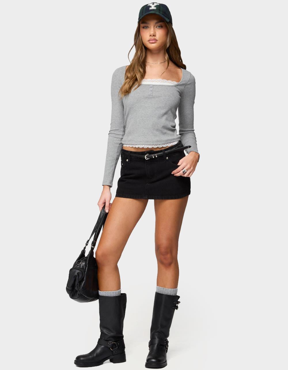 EDIKTED Joana Layered Lacey Henley Top - GRAY