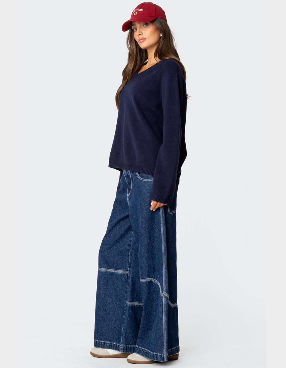 EDIKTED Martha Oversized V-Neck Sweater - NAVY