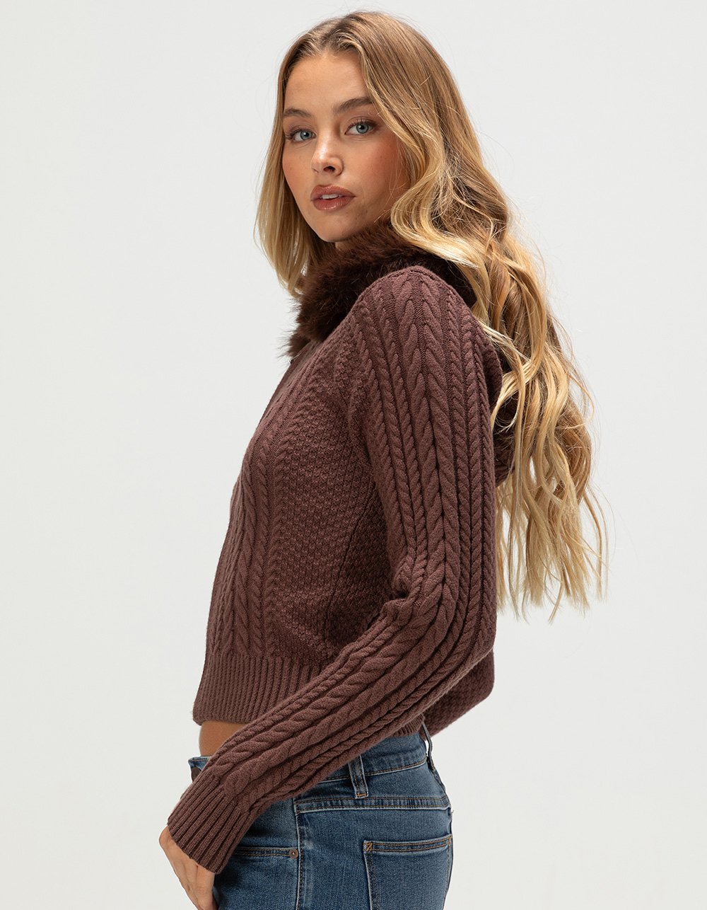 WEST OF MELROSE Fur Trim Womens Zip-Up Hooded Sweater - BROWN