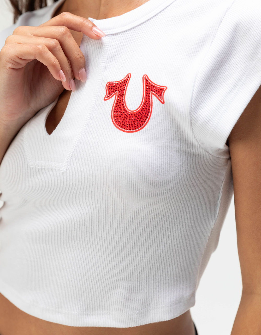 TRUE RELIGION Number Womens Notch Crop Tee