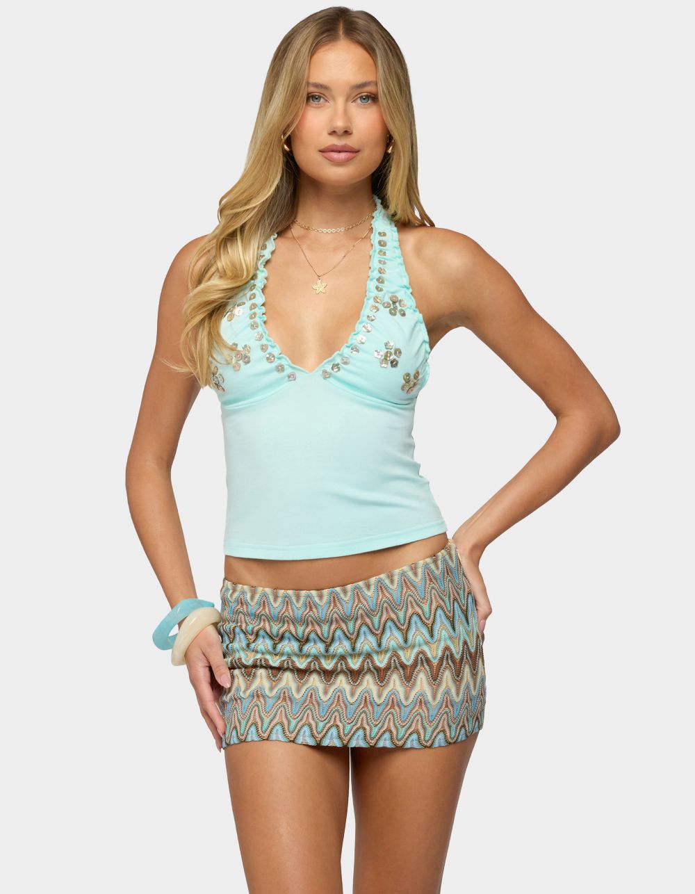 EDIKTED Chana Button Halter Top - LIGHT BLUE