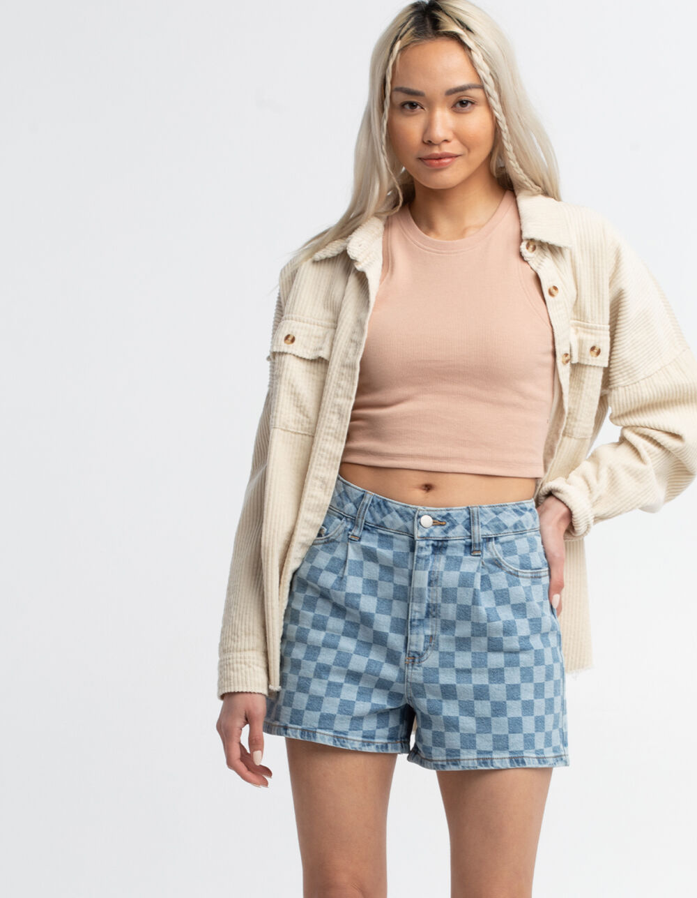 RSQ Womens Checker Pleat Shorts - INDIGO DNM