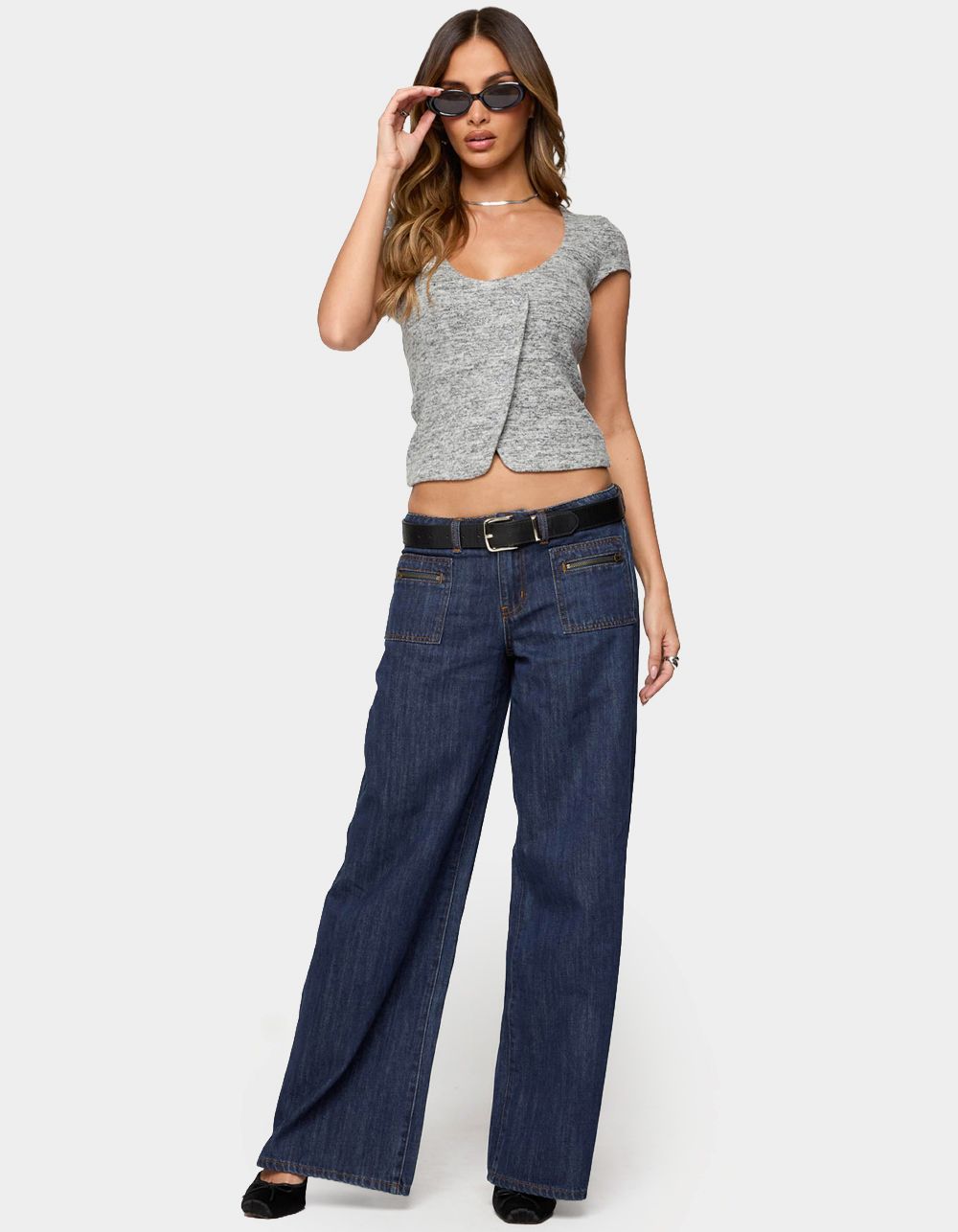 EDIKTED Jimena Low Rise Wide Leg Jeans - BLUE