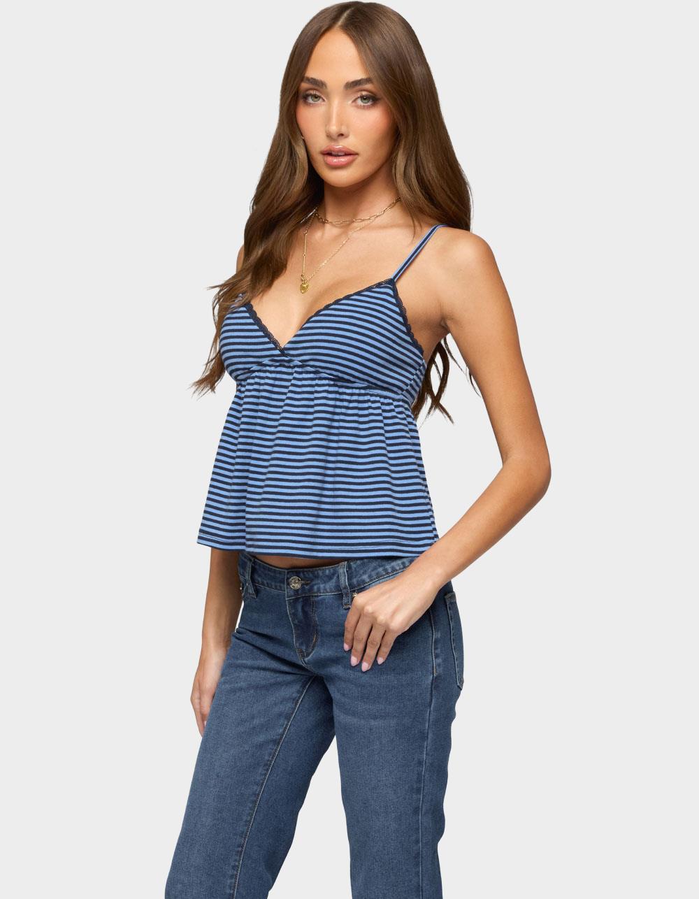 EDIKTED Orietta Striped Babydoll Top - NAVY