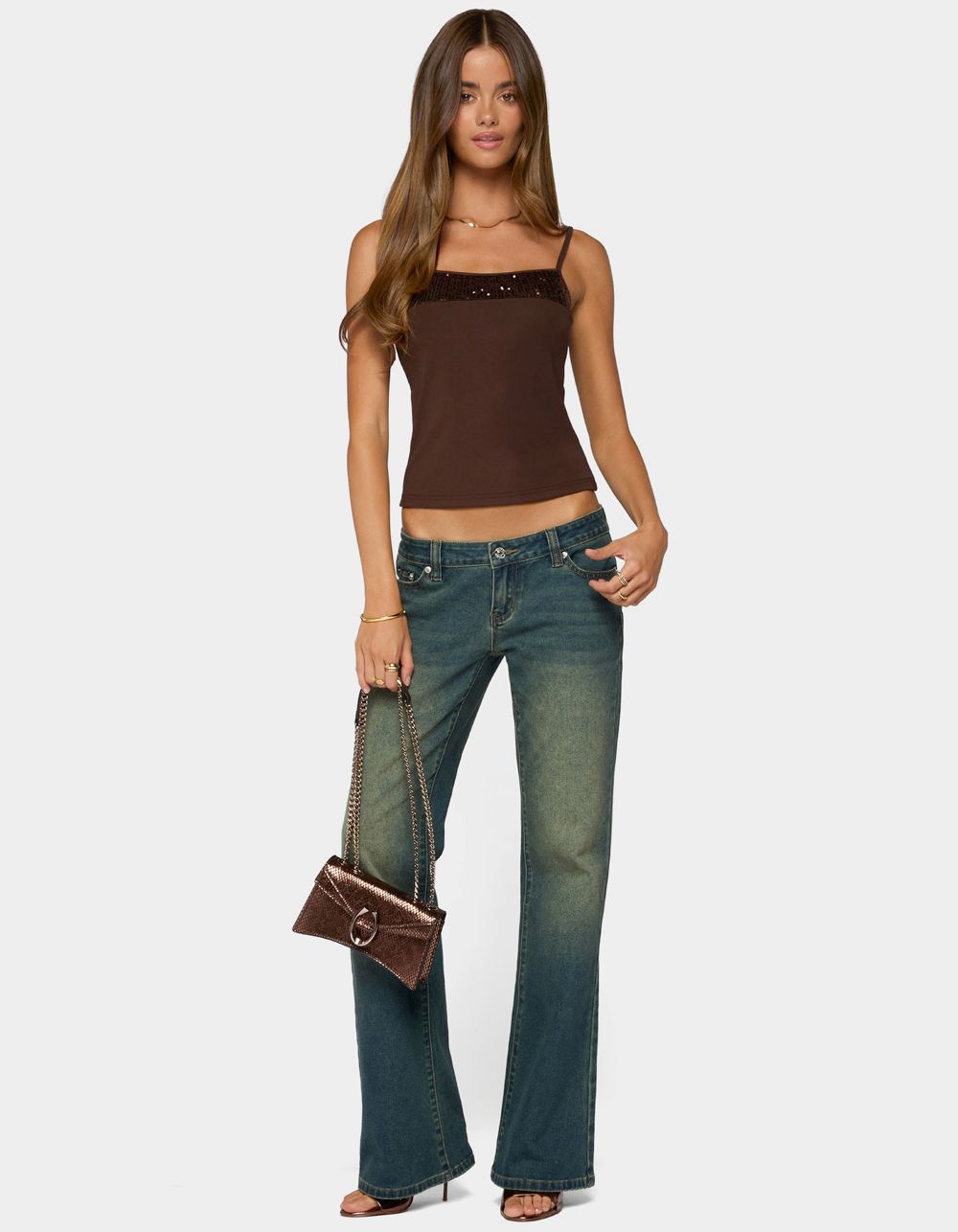 EDIKTED Shakked Sequin Tank Top - BROWN