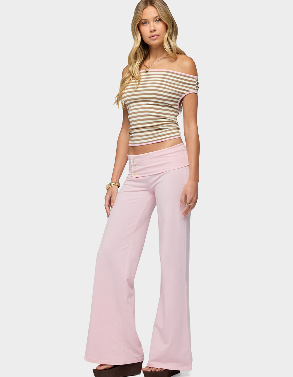 EDIKTED Poppy Foldover Wide Leg Pants - PINK