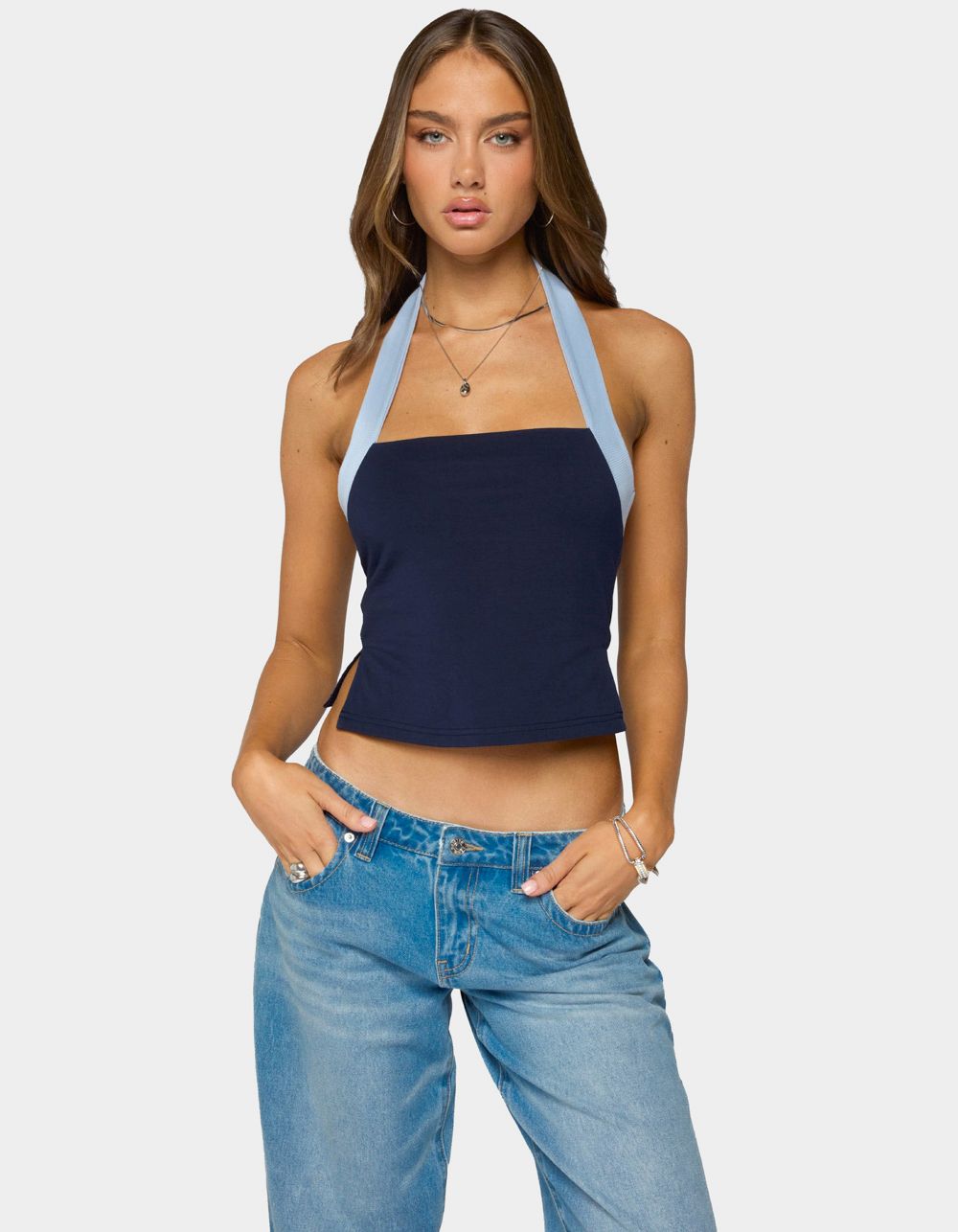 EDIKTED Tanna Contrast Halter Top - NAVY