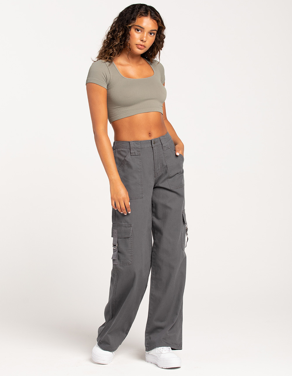 RSQ Womens Mid Rise Cargo Tape Pocket Twill Pants - DARK GRAY - 28