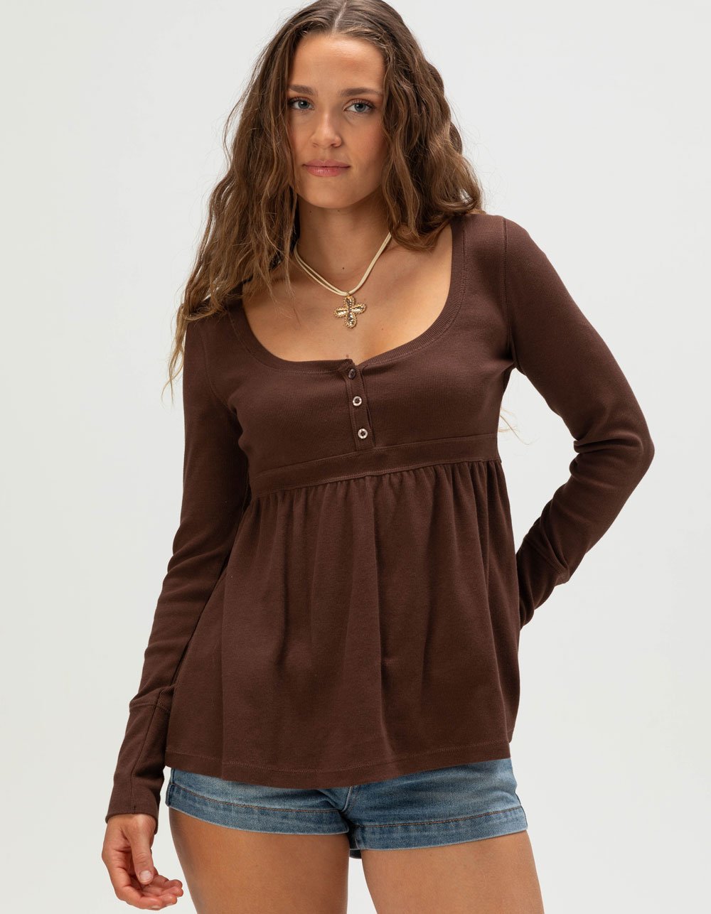 RSQ Womens Long Sleeve Babydoll Top - BROWN