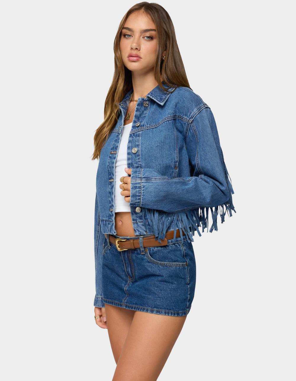 EDIKTED Maurice Fringed Denim Jacket - LIGHT BLUE