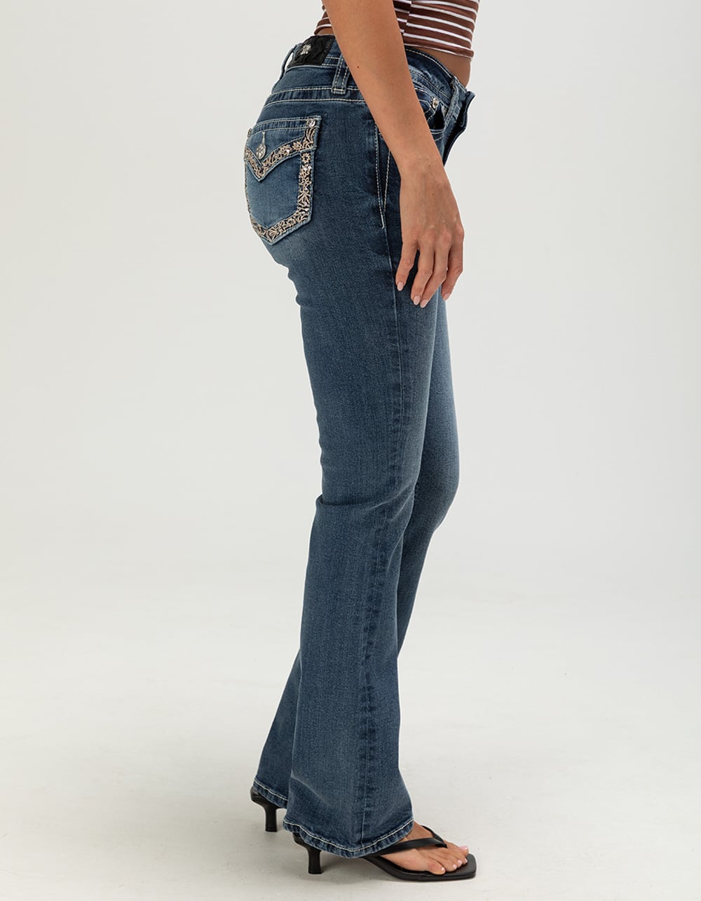 MISS ME Border Pocket Womens Mid Rise Bootcut Jeans - Dark Wash
