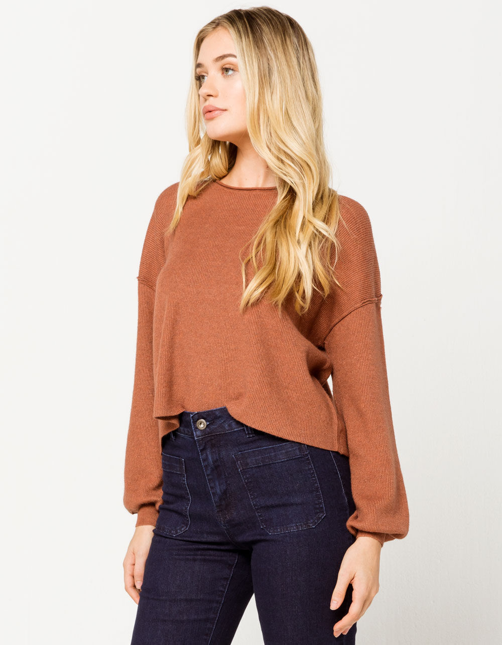 SKY AND SPARROW Ribbed Balloon Sleeve Rust Womens Crop Sweater image number 2