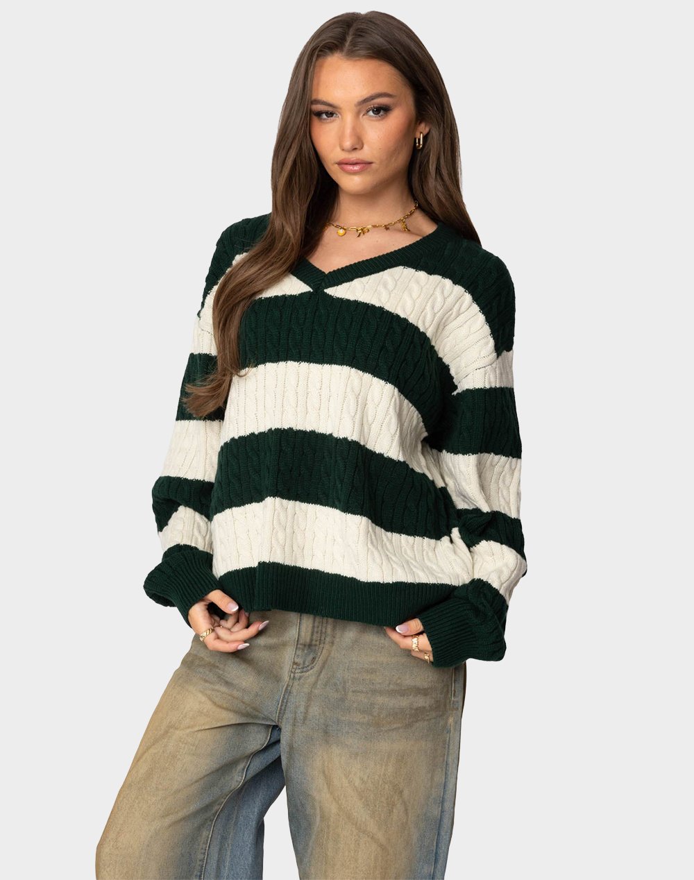 EDIKTED Oversized Striped Cable Knit Sweater - GREEN