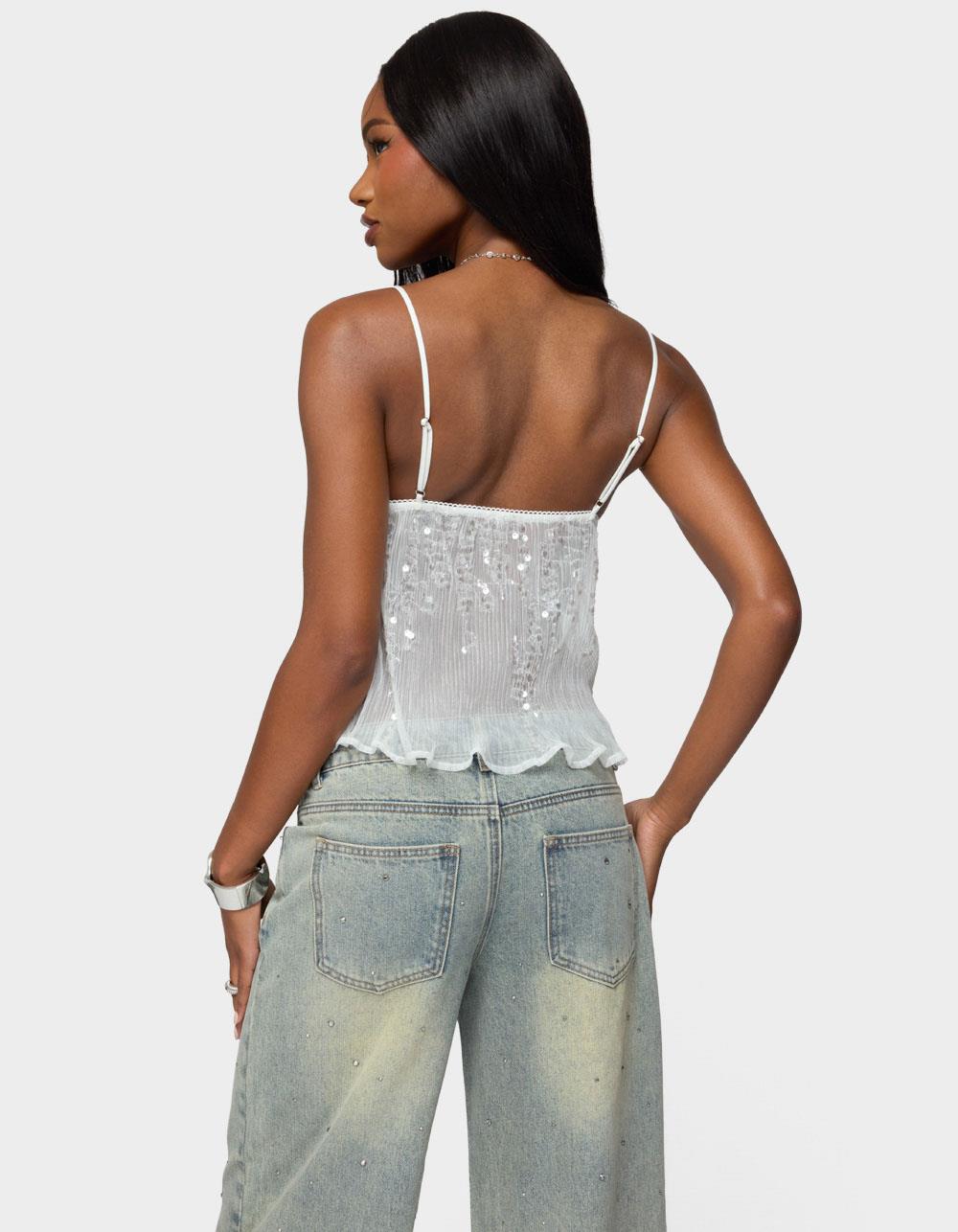 EDIKTED Sequin Sheer Mesh Babydoll Top - WHITE