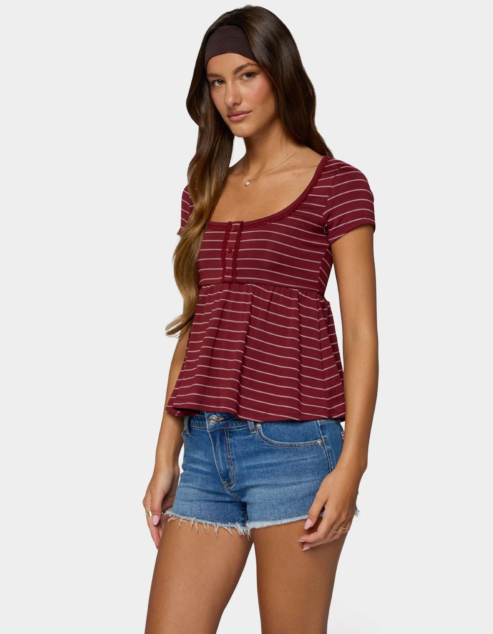 EDIKTED Jina Lacey Striped Babydoll Henley Top - DK RED
