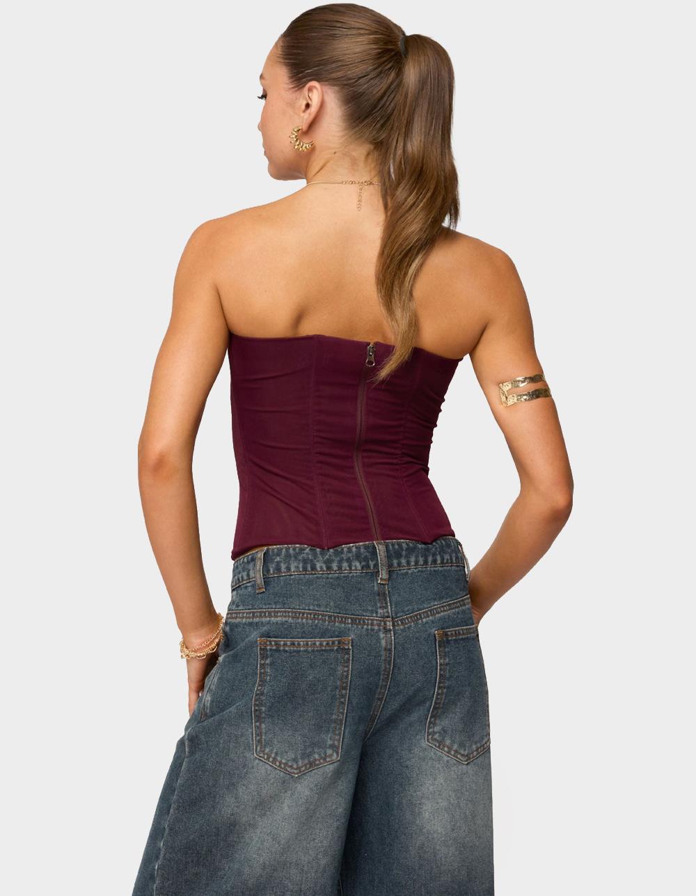 EDIKTED Reed Sheer Mesh Corset - DK RED