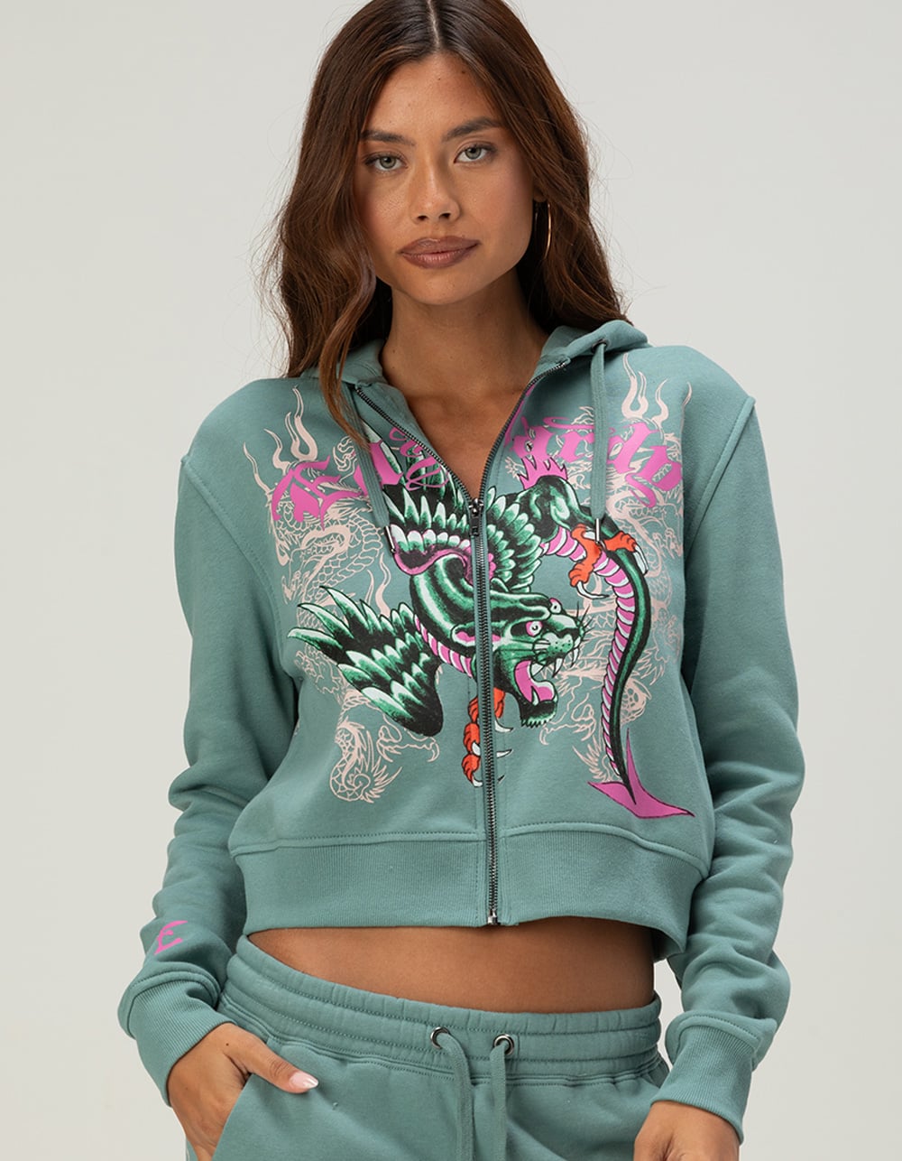 ED HARDY Panther Wings Womens Zip-Up Hoodie - SEAFOAM