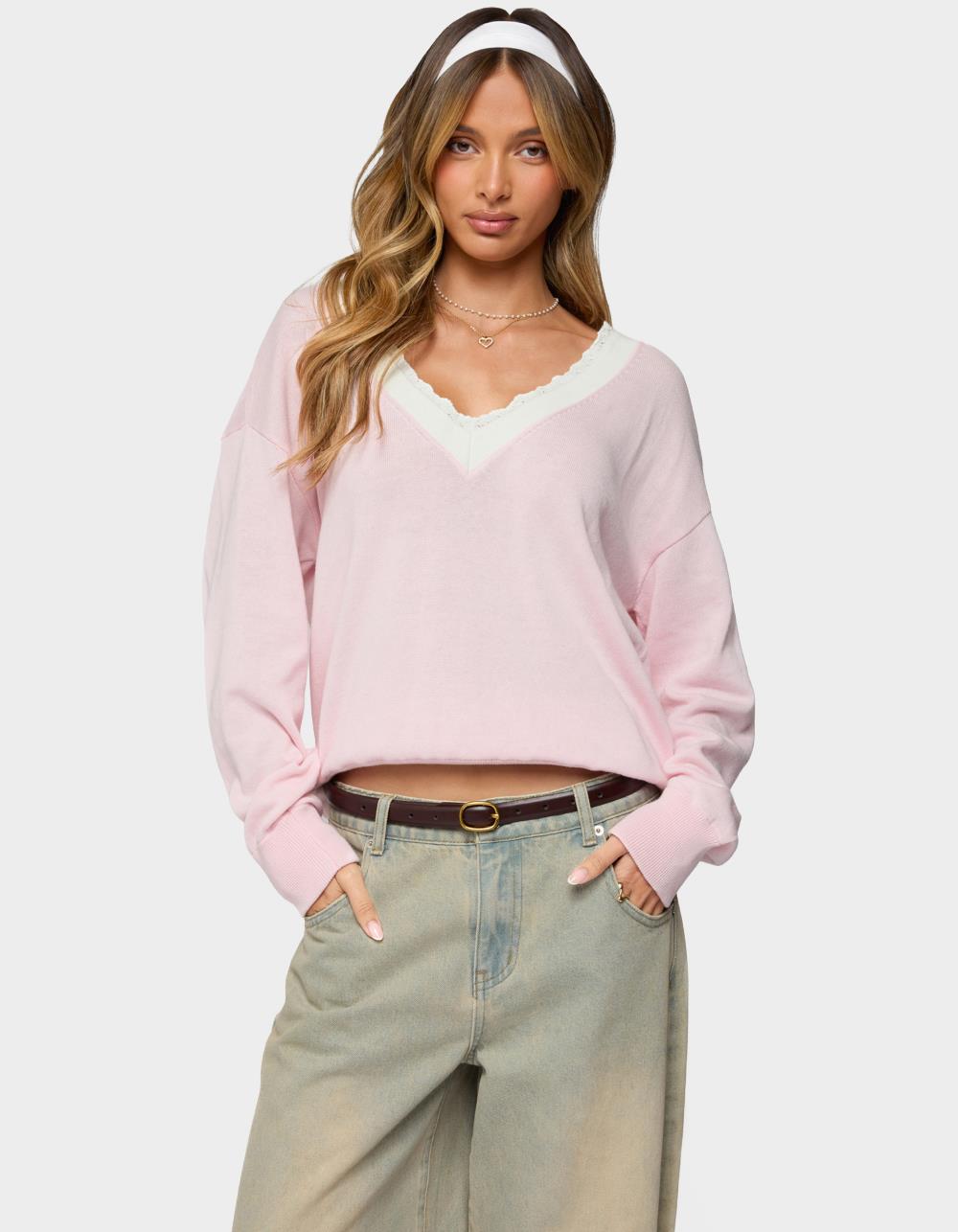 EDIKTED Marie Contrast Lacey V-Neck Sweater - LIGHT PINK