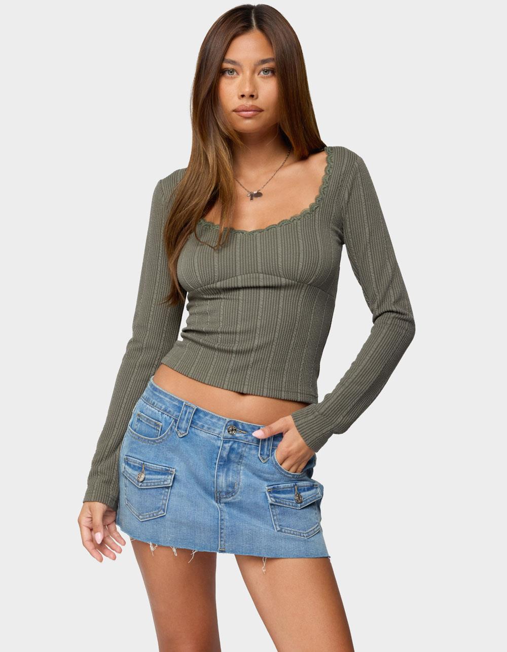 EDIKTED Beatrix Lacey Ribbed Top - DK GREEN