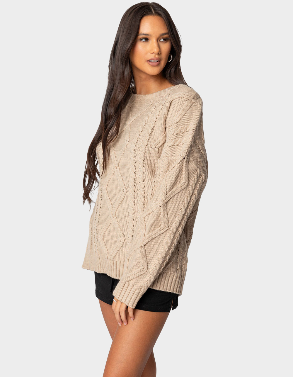 EDIKTED Kennedy Oversized Cable Knit Sweater - BEIGE