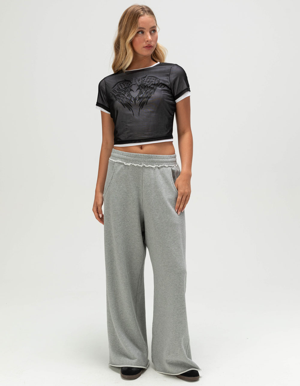 TRUE RELIGION Layered Mesh Wing Womens Tee - BLK/WHT