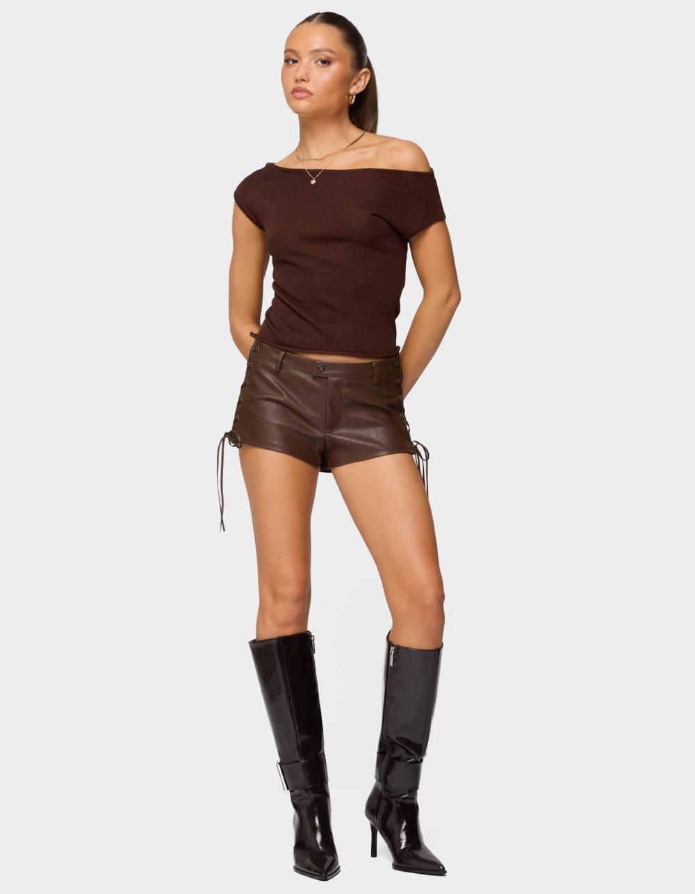 EDIKTED Kariss Lace Up Faux Leather Micro Shorts - BROWN