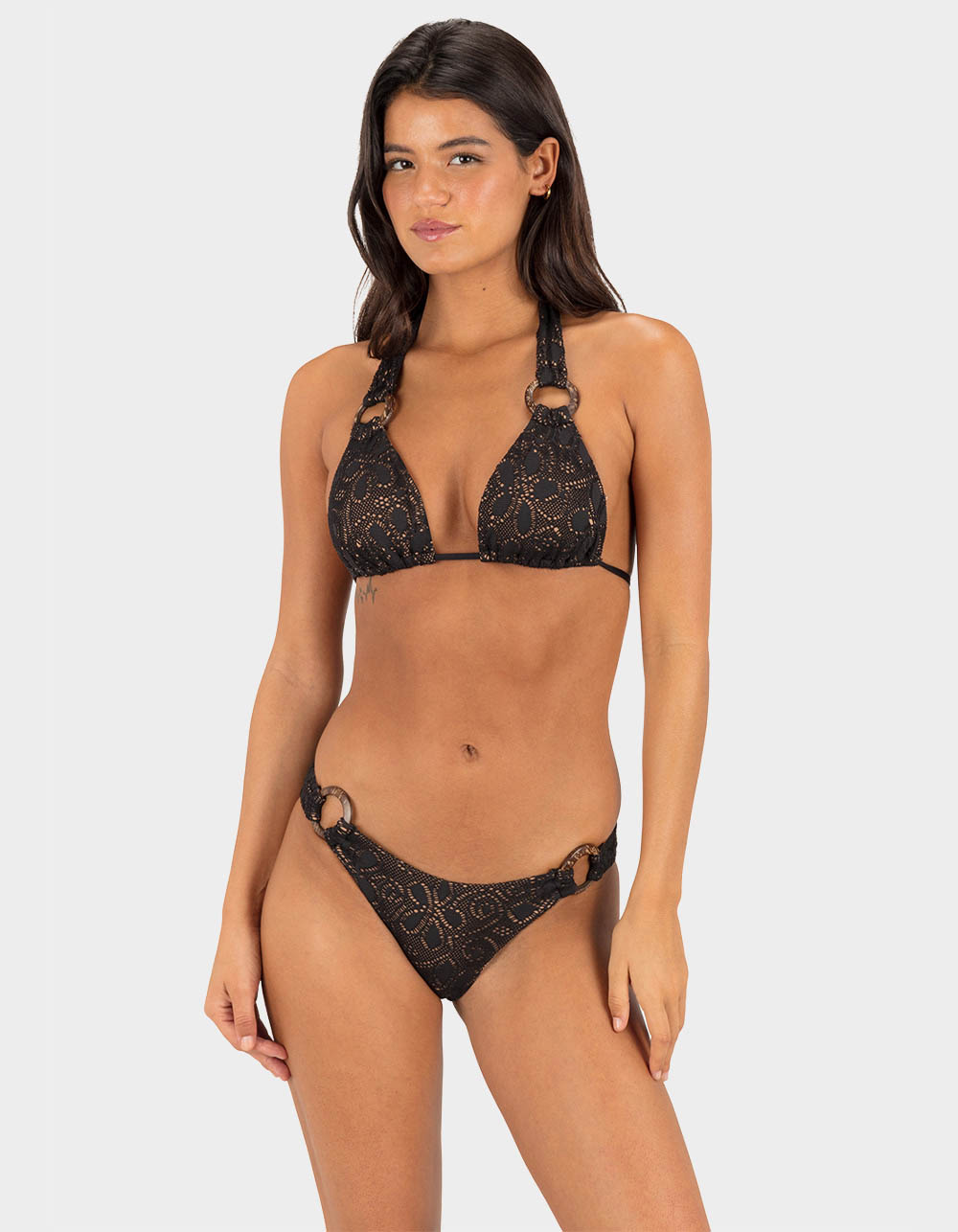 HURLEY Flower Crochet Ring Triangle Bikini Top - BLACK