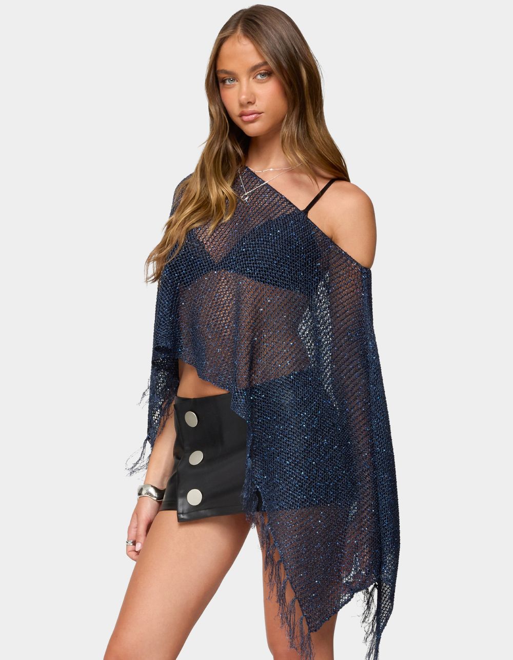 EDIKTED Sequin Fringe Knit Poncho