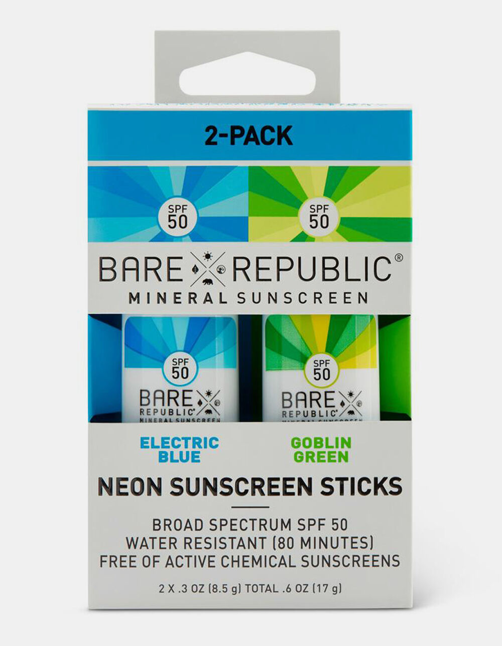BARE REPUBLIC 2 Pack SPF 50 Neon Blue & Green Sunscreen Sticks image number 0