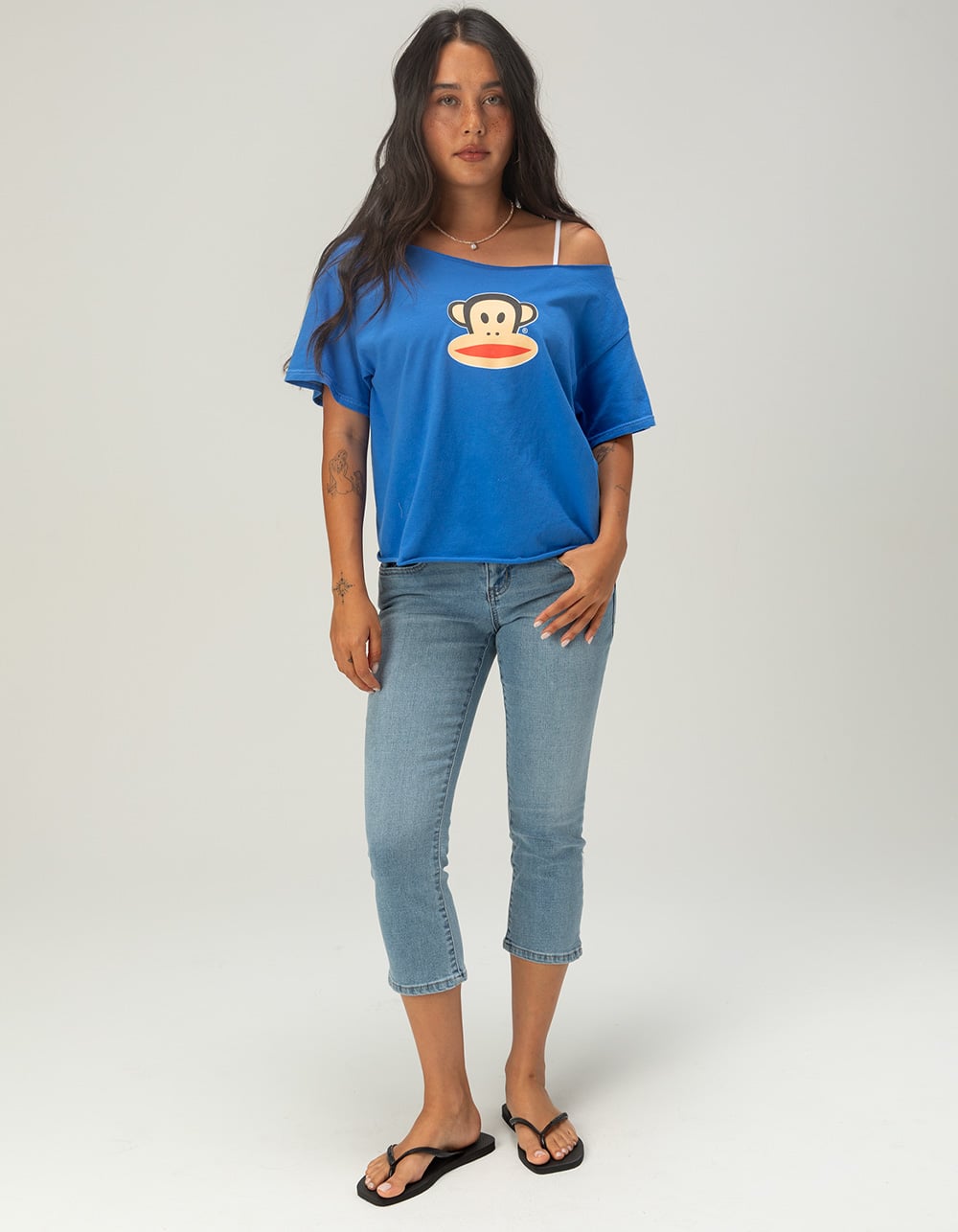PAUL FRANK Womens Off The Shoulder Oversized Tee - BLUE