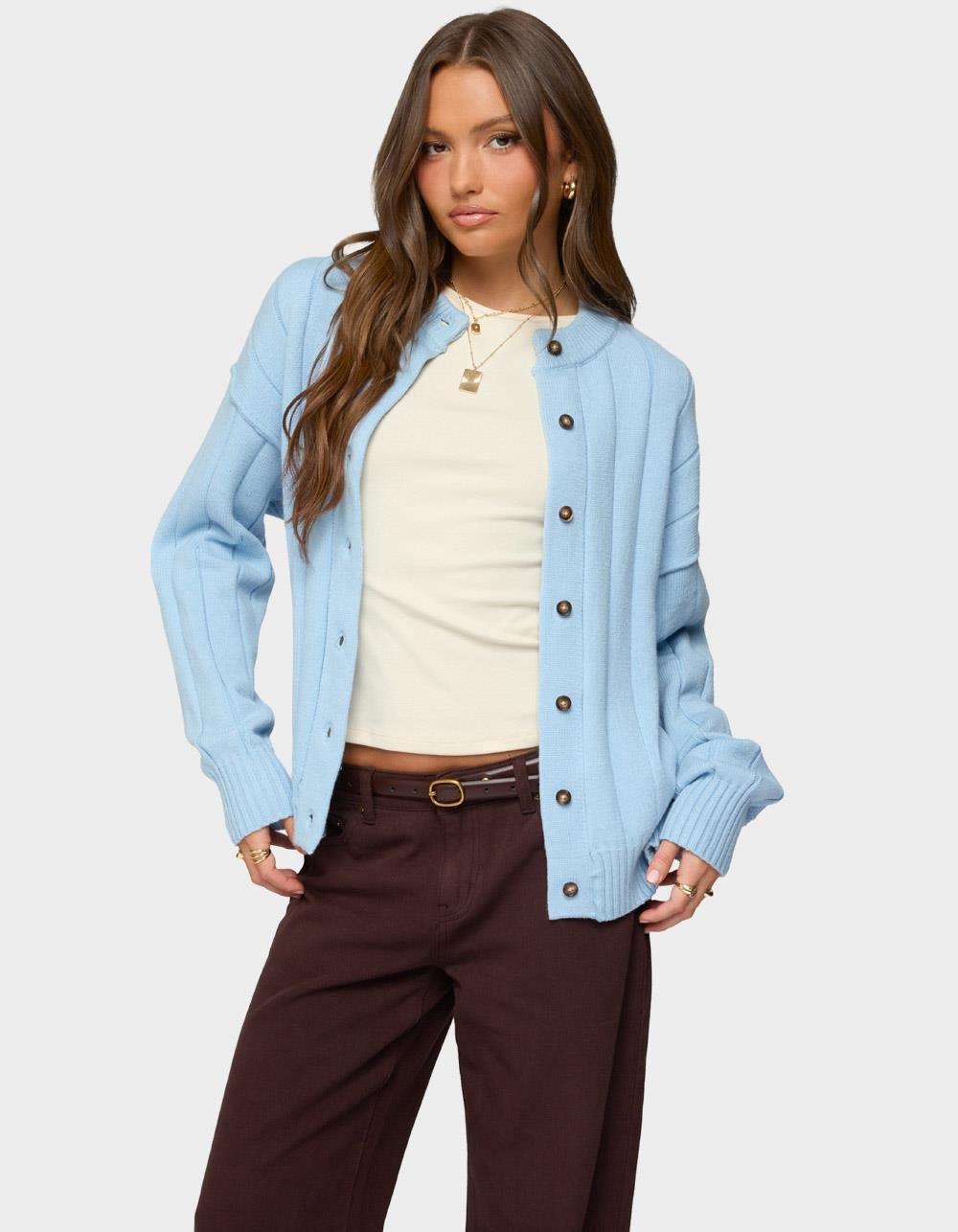 EDIKTED Joanie Wide Ribbed Knit Cardigan - BLUE