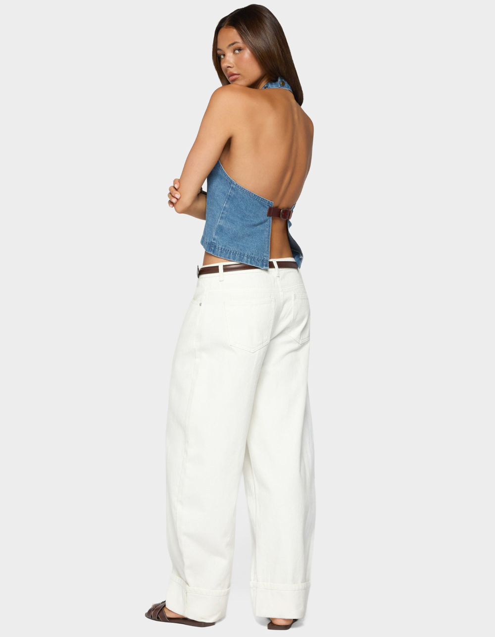 EDIKTED Teddie Backless Denim Halter Top - LIGHT BLUE
