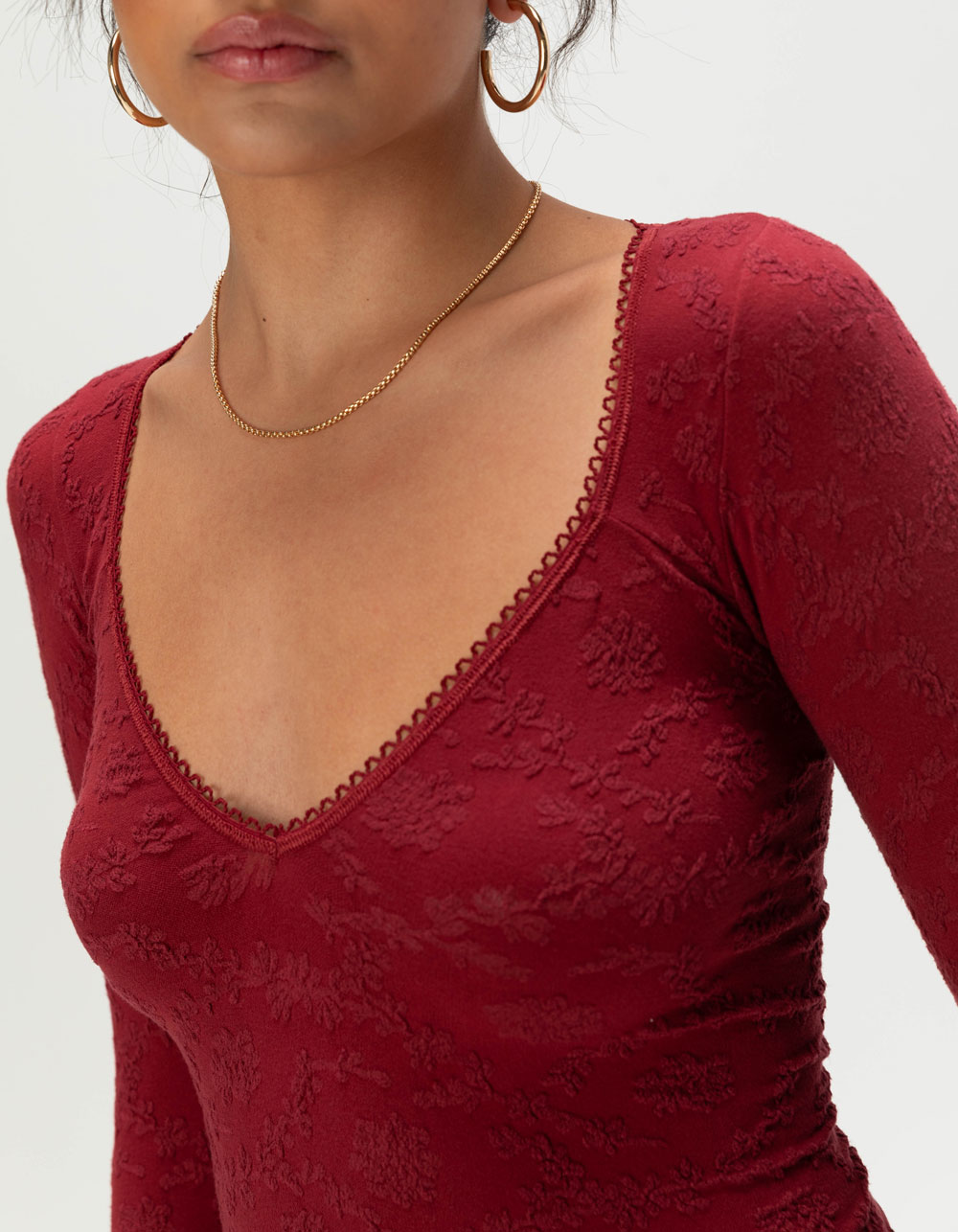 BDG Urban Outfitters Womens Textured Long Sleeve Top - MAROON