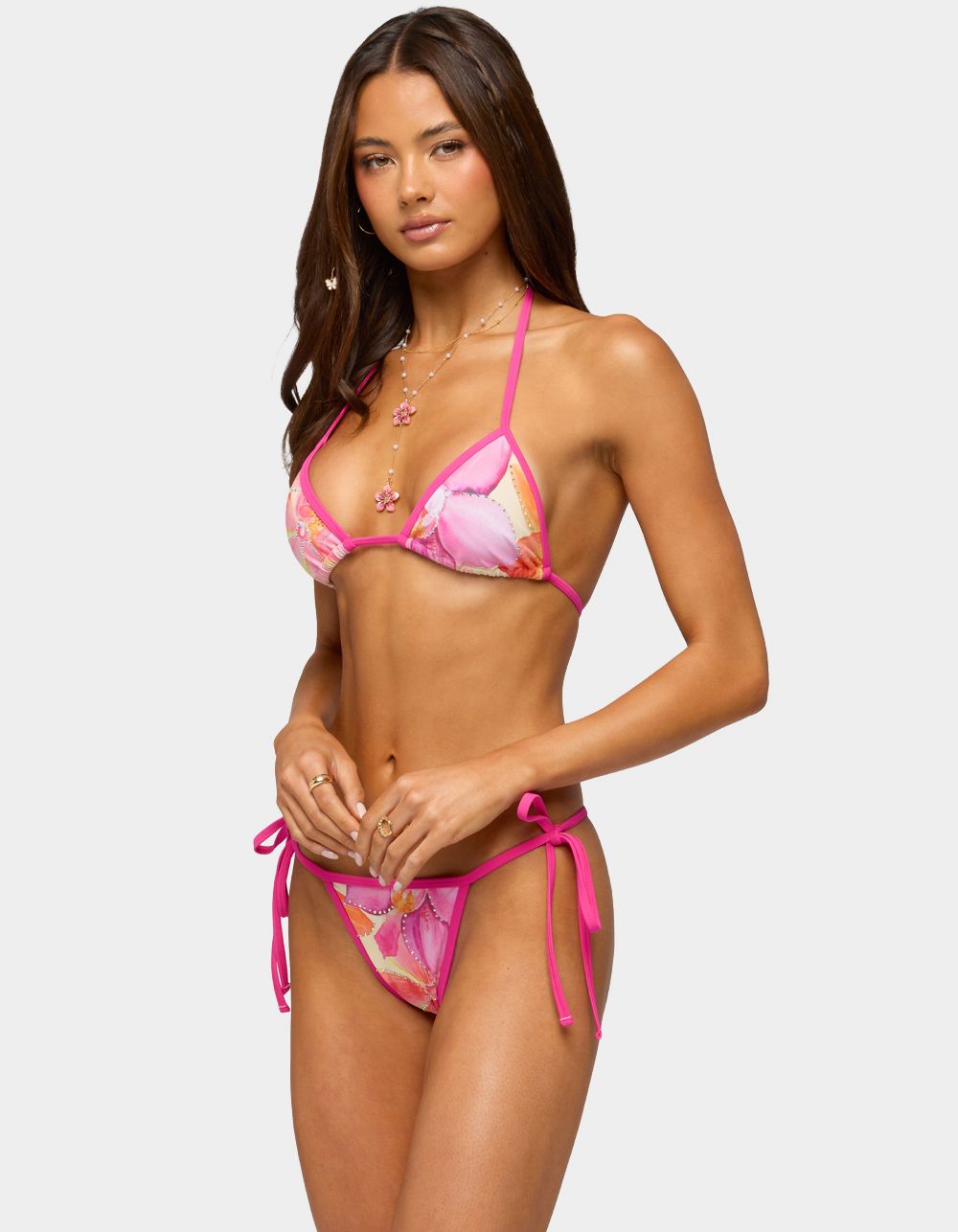 EDIKTED Hanai Floral Rhinestone Triangle Bikini Top - PINK
