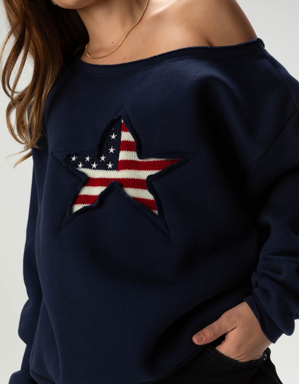 RSQ Womens Star Off The Shoulder Sweatshirt - NAVY