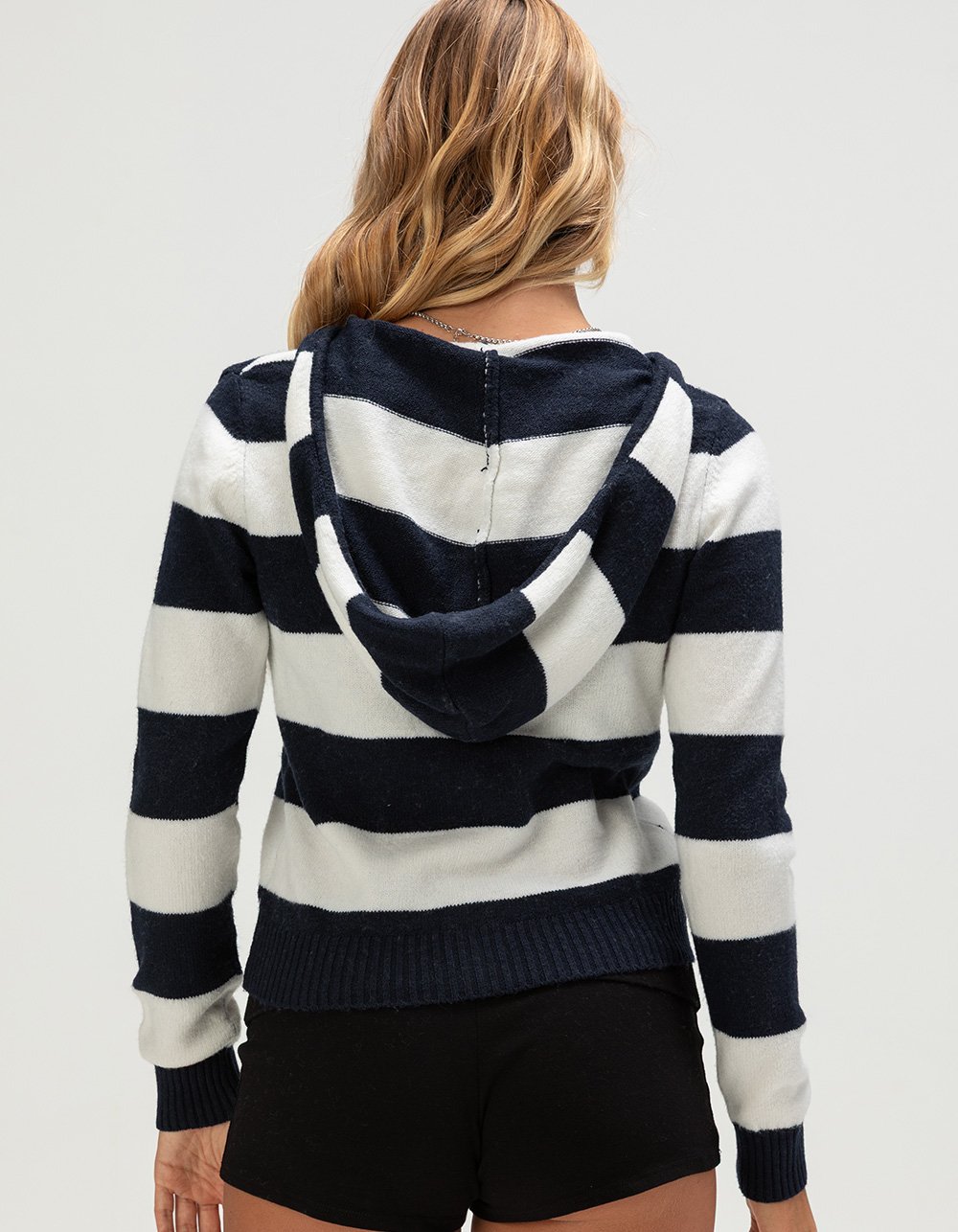 PINK ROSE Womens Stripe Zip-Up Hooded Sweater - NAVY/WHITE