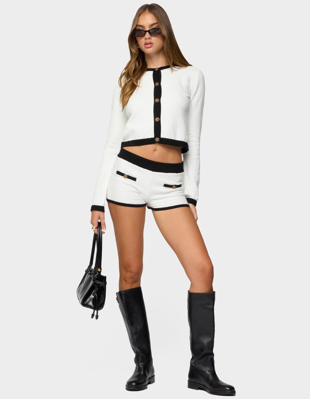 EDIKTED Mara Contrast Textured Knit Shorts - WHITE